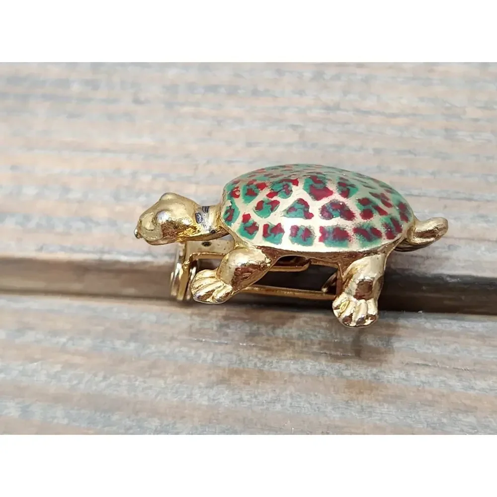 Vintage Gold Tone Turtle Pin Metal Enamel Brooch Reptile